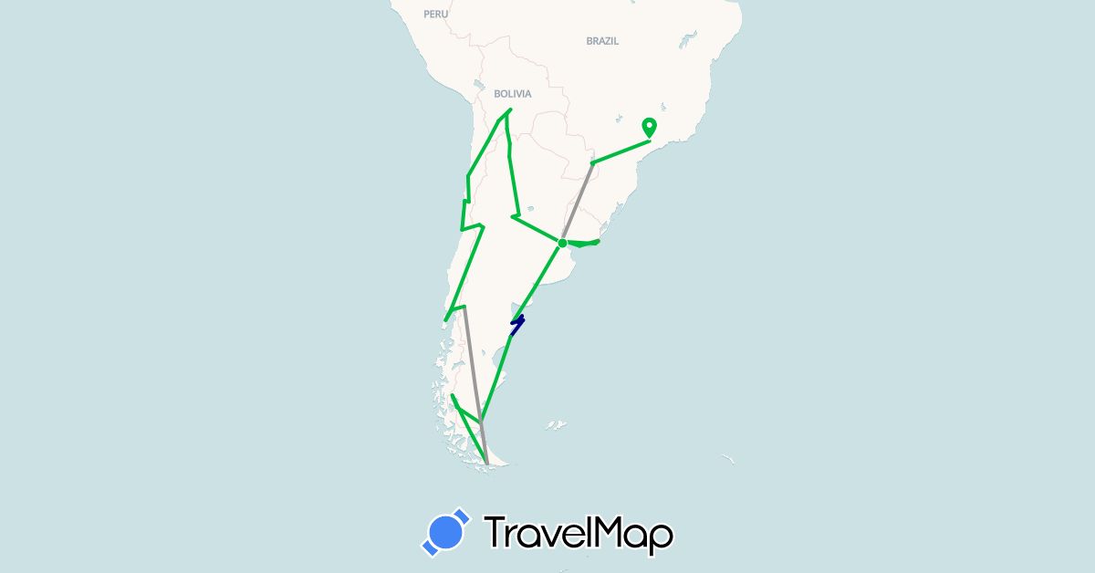 TravelMap itinerary: driving, bus, plane, hiking, boat in Argentina, Bolivia, Brazil, Chile, Uruguay (South America)